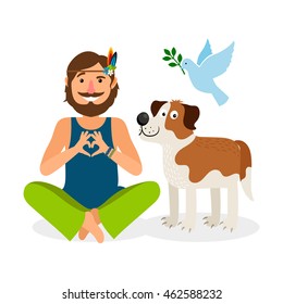 Hippie Peace Man with Dog and Dove. Vector Illustration