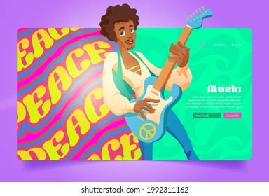 Hippie peace music cartoon landing page, hippy black man playing guitar, singing song. Culture of sixties, retro style performance or disco party with flowerchild guitarist musician, Vector web banner