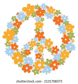 Hippie peace sign with flowers. Seventies style hand-drawn vector illustration.