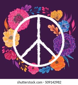 Hippie peace symbol with flowers, leaves and buds. Collection decorative floral design elements. Isolated elements. Vintage hand drawn vector illustration in watercolor style.