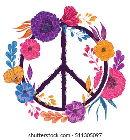 Hippie peace symbol with flowers, leaves and buds. Collection decorative floral design elements. Isolated elements. Vintage hand drawn vector illustration in watercolor style.