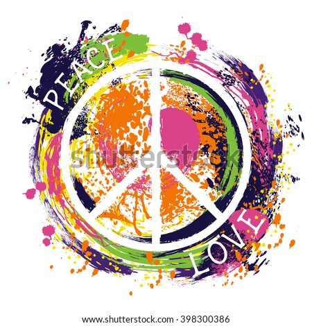 Hippie peace symbol. Peace and love. Colorful hand drawn grunge style art. Design concept for banner, card, scrap booking, t-shirt, bag, print, poster. Vintage vector illustration