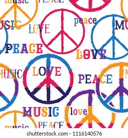 Hippie peace symbol. Peace, love, music sign. Colorful background. Design concept for banner, card, scrap booking, t-shirt, print, poster. Vector illustration