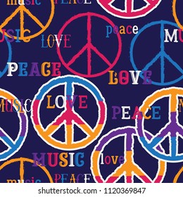 Hippie peace symbol. Peace, love, music sign. Colorful background. Design concept for banner, card, scrap booking, t-shirt, print, poster. Vector illustration 