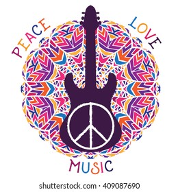 Símbolo de paz hippie. Paz, amor, música y guitarra en un colorido y colorido fondo mandala. Concepto de diseño para banner, tarjeta, reserva de chatarra, pantalones, bolso, impresión, afiche. Ilustración del vector