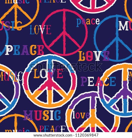 Hippie peace symbol. Peace, love, music sign. Colorful background. Design concept for banner, card, scrap booking, t-shirt, print, poster. Vector illustration 
