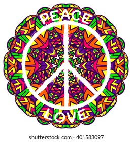 Hippie peace symbol. Peace and love on ornate colorful mandala background.  Design concept for banner, card, scrap booking, t-shirt, bag, print, poster. Retro hand drawn vector illustration