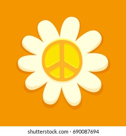 Hippie Peace Symbol On Daisy Flower, Bright Orange Vector Illustration.