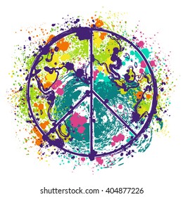 Hippie peace symbol on earth globe background with splashes in watercolor style. Design concept for banner, card, scrap booking, t-shirt, bag, print, poster. Retro hand drawn vector illustration