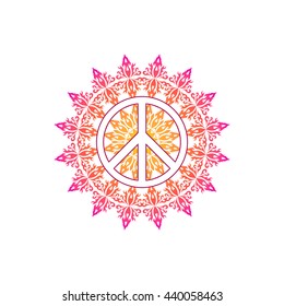 Hippie peace symbol over ornate mandala round pattern. Ornamental tie dye t-shirt print isolated on white background. Boho chic, bohemian style. Hippy colorful vector illustration. 