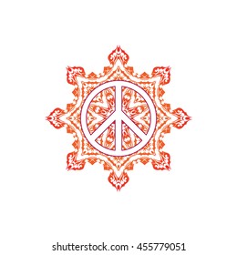 Hippie peace symbol over ornate mandala round pattern. Ornamental tie dye t-shirt print isolated on white background. Boho chic, bohemian style. Hippy colorful vector illustration. 