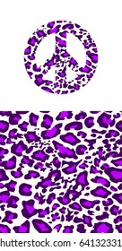 Hippie peace symbol and seamless wallpaper with leopard violet print. Fashion design for t-shirt, bag, poster, scrapbook