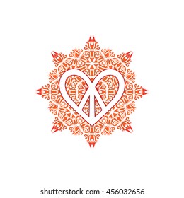 Hippie peace symbol in shape of  heart over ornate mandala round pattern. Ornamental tie dye t-shirt print isolated on white background. Boho chic, bohemian style. Hippy colorful vector illustration. 