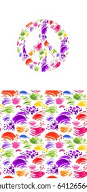 Hippie peace symbol with splashed colorful print and wallpaper. Fashion design for t-shirt, bag, poster, scrapbook