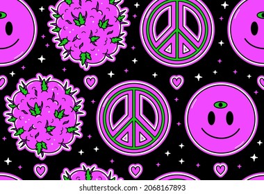 Hippie peace symbol,weed bud,heart,marijuana,smile smiley face purple seamless pattern. Vector illustration.Hippie,peace,cannabis,vintage,groovy,60s,70s,psychedelic purple seamless pattern art concept