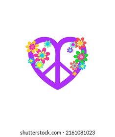 Hippie peace violet sign in heart shape and colorful flower-power on white background for bag design and girl shirt print