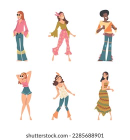 Hippie People Character in Retro Style Clothing Standing and Dancing Vector Set