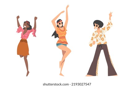 Hippie People Character Wearing Retro Style Clothing Performing Dancing Movement Vector Set