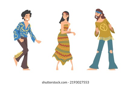 Hippie People Character Wearing Retro Style Clothing Performing Dancing Movement Vector Set