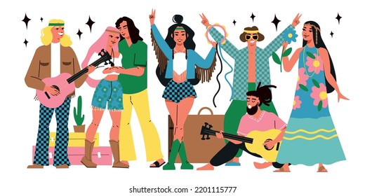 Hippie people flat composition with happy males and females with guitars vector illustration