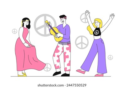 Hippie people linear. Man and women with sings of peace. Positivity and optimism. Optimistics feelings and emotions. Simple flat vector illustration isolated on white background