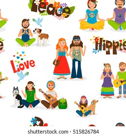 Hippie people seamless pattern on transparent background vector illustration