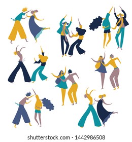 hippie people set in flat style isolated vector illustration. young woman and young man dancing. hippie party