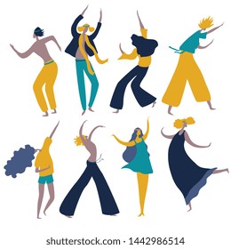 hippie people set in flat style isolated vector illustration. young woman and young man dancing. hippie party