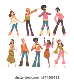 Hippie People Set, Happy Young Men and Women in Retro Style Clothing of 70s Dancing at Party Cartoon Vector Illustration