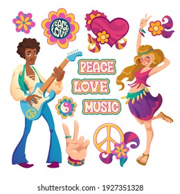 Hippie, signos de paz, amor y música. Dibujo vectorial conjunto de símbolos de la cultura hippy con corazones, flores, gesto de mano, mujer feliz y hombre negro con guitarra aislada en fondo blanco