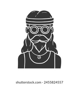 Hippie Portrait Icon Silhouette Illustration. 60's Vector Graphic Pictogram Symbol Clip Art. Doodle Sketch Black Sign.