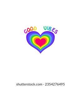 Hippie poster with 70s or 60s colorful good vibes slogan and heart shape in rainbow colors on white background. Print for bag, kids girl tee, hoodie t shirt