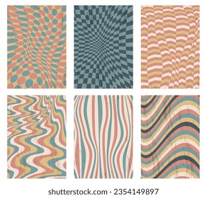 Hippie poster background. Retro groovy geometric texture, psychedelic groovy retro banners with peace swirl hippie symbols. Vector colorful set. Checkered and curvy design with dynamic lines