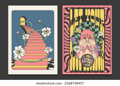 hippie poster with retro psychedelic art, vector illustration