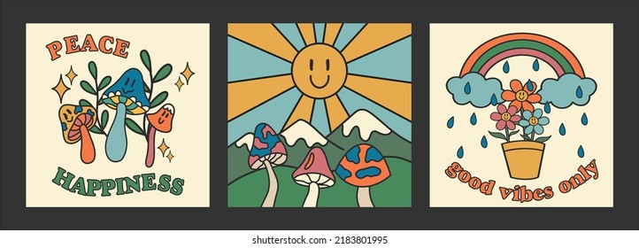 Hippie poster set. Funny sun, mountains and psychedelic mushrooms, landscape, rainbow with daisies. Fashion poster in retro style. Flat design, cartoon drawing, vector.