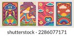 Hippie posters. Psychedelic retro wallpaper with floral chamomile flowers and plants, floral decorative design 1970s style. Vector abstract vintage wallpaper, psychedelic design poster illustration