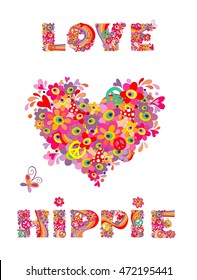 Hippie print with heart shape, abstract colorful flowers, mushrooms and rainbow