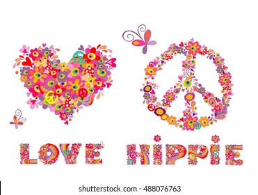Hippie print with heart shape, abstract colorful flowers, peace symbol, mushrooms and rainbow