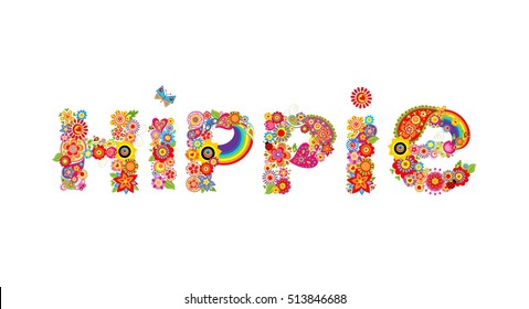 Hippie print lettering with colorful flowers and sunflowers