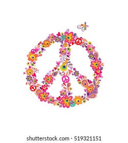 Hippie print with peace flower symbol with abstract flowers