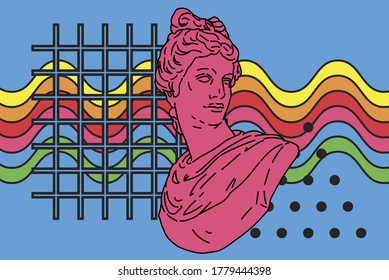 Hippie psychedelic 70s style art collage with rainbow and gypsum sculpture. Surreal trendy Zine culture style vector illustration.