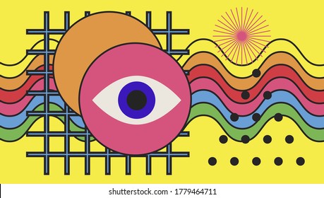 Hippie psychedelic 70s style art collage with rainbow and eye. Surreal trendy Zine culture style vector illustration for visual hallucinations subject.