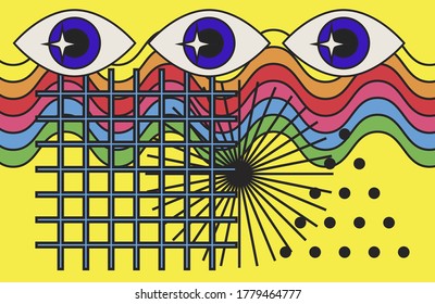 Hippie psychedelic 70s style art collage with rainbow and eye. Surreal trendy Zine culture style vector illustration for visual hallucinations subject.