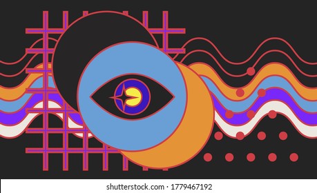 Hippie psychedelic 70s style art collage with rainbow and eye. Surreal trendy Zine culture style vector illustration for visual hallucinations subject.