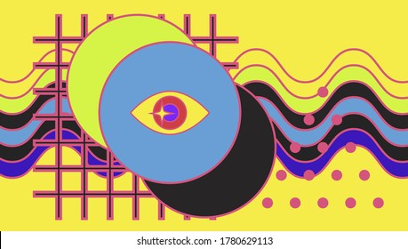 Hippie psychedelic 70s style art collage with rainbow and eye. Surreal trendy Zine culture style vector illustration for visual hallucinations subject.