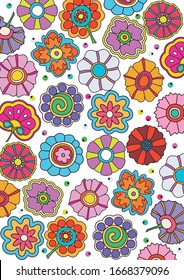 Hippie Psychedelic Art Style Floral Background, Fantastic Flowers, Bright Colors from the 1960s