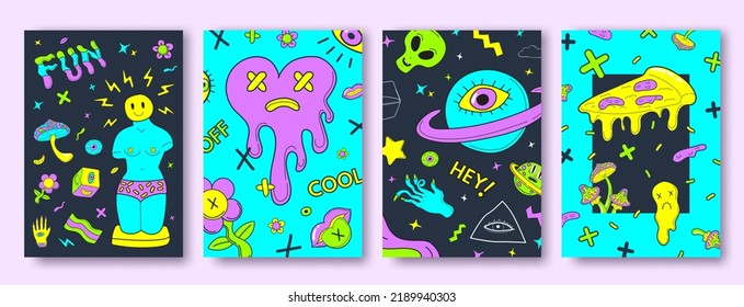 Hippie psychedelic cover. Acidic funny hipster posters, retro seventies 1970s 1960s groovy pattern cosmic alien lips pizza smiley eye mushroom vector illustration of psychedelic hippie background