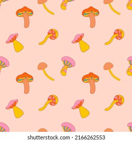 Hippie psychedelic magic mushrooms on the vector seamless pattern. Vintage 1970 vibe print