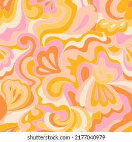 Hippie psychedelic seamless pattern. Vector nostalgic retro 60s groovy print. Vintage wavy background. Textile and surface design with old fashioned hand drawn naive geometric print