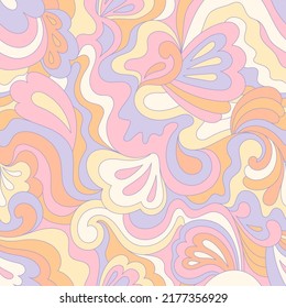 Hippie psychedelic seamless pattern. Vector nostalgic retro 60s groovy print. Vintage wavy background. Textile and surface design with old fashioned hand drawn naive geometric print